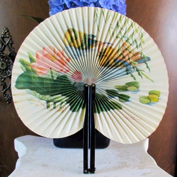 FAN ASIAN PAPER FOLDING FAN, BIRD PAINTING, METAL CLOSURE, CHINA or JAPAN - Picture 4 of 5
